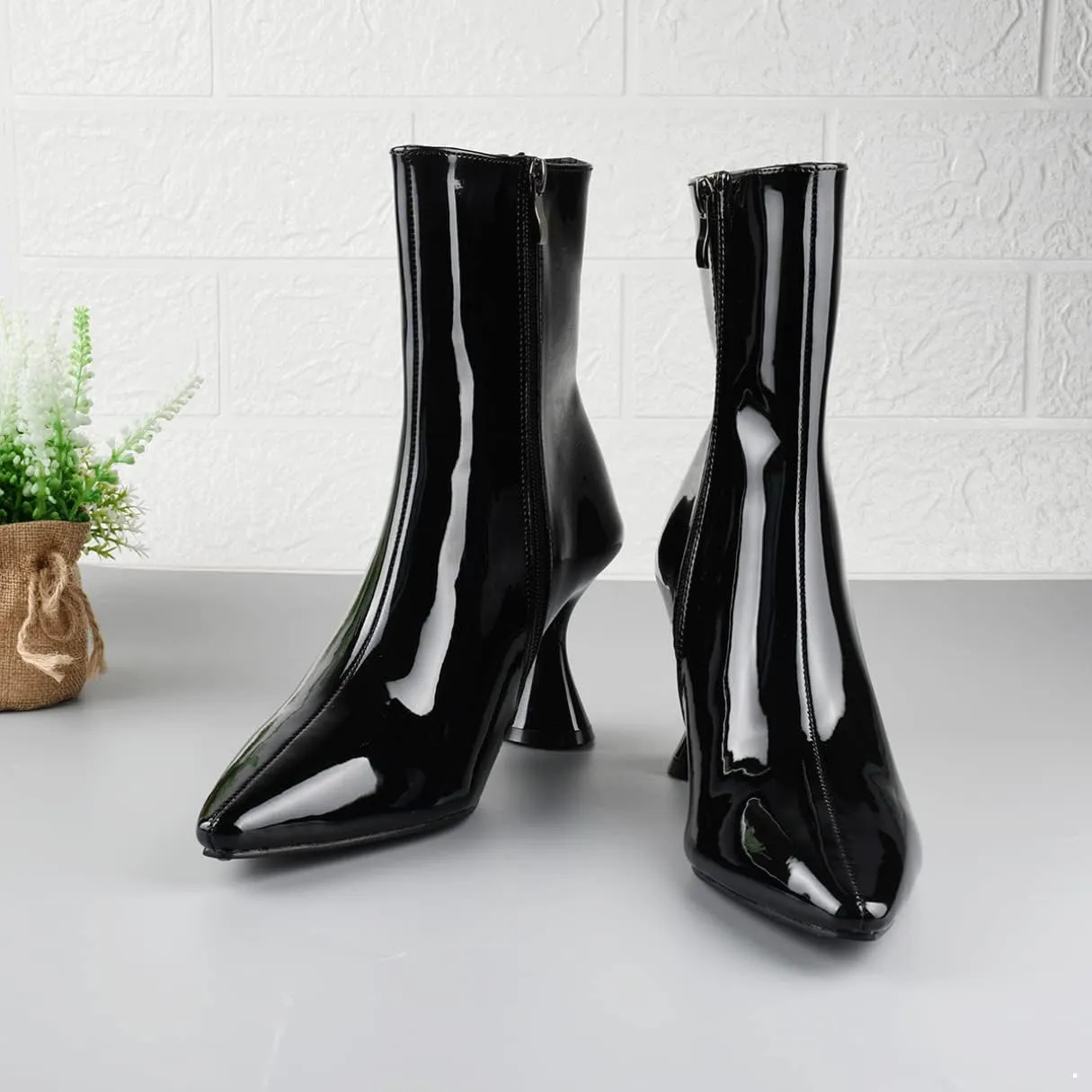 iiniim Women's Wetlook Faux Leather Waterproof Boots Shoes Kitten Heel Pointed Toe Zipper Ankle Boots