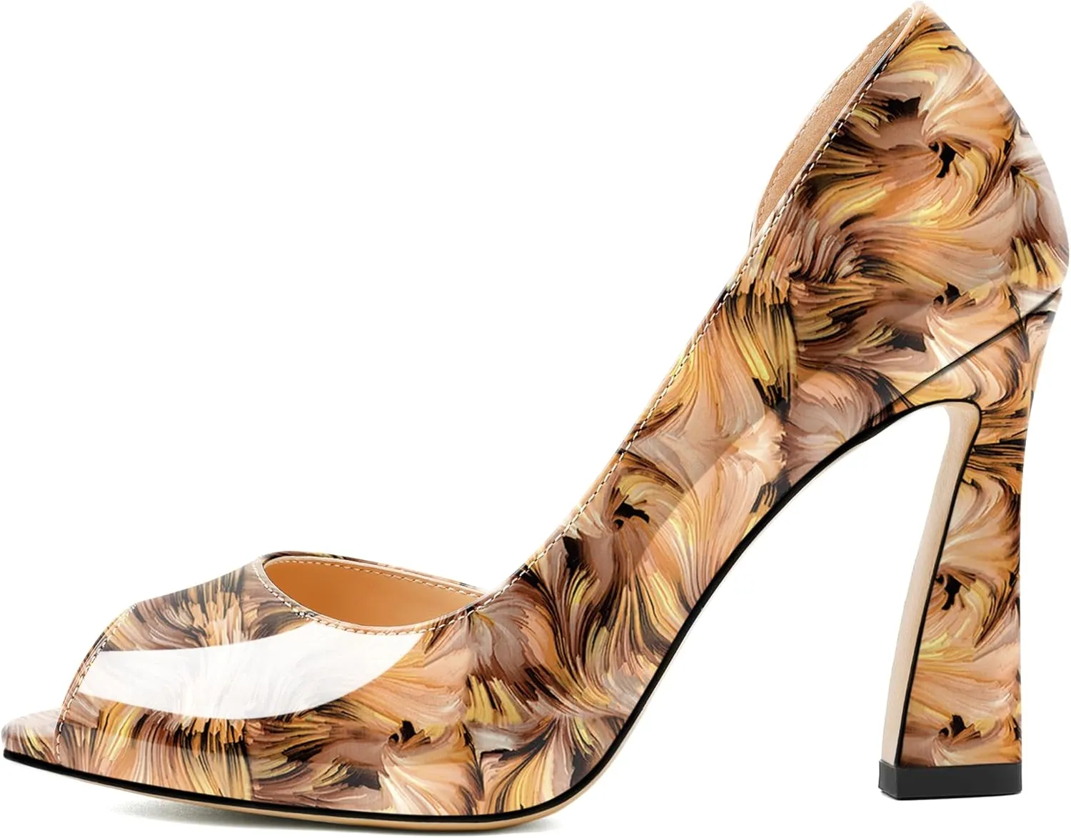 Joseywade Peep Toe High Heels for Women Stiletto Heel Pumps Slip-On Open Toe 4 Inch Flare Heel Dress Shoes