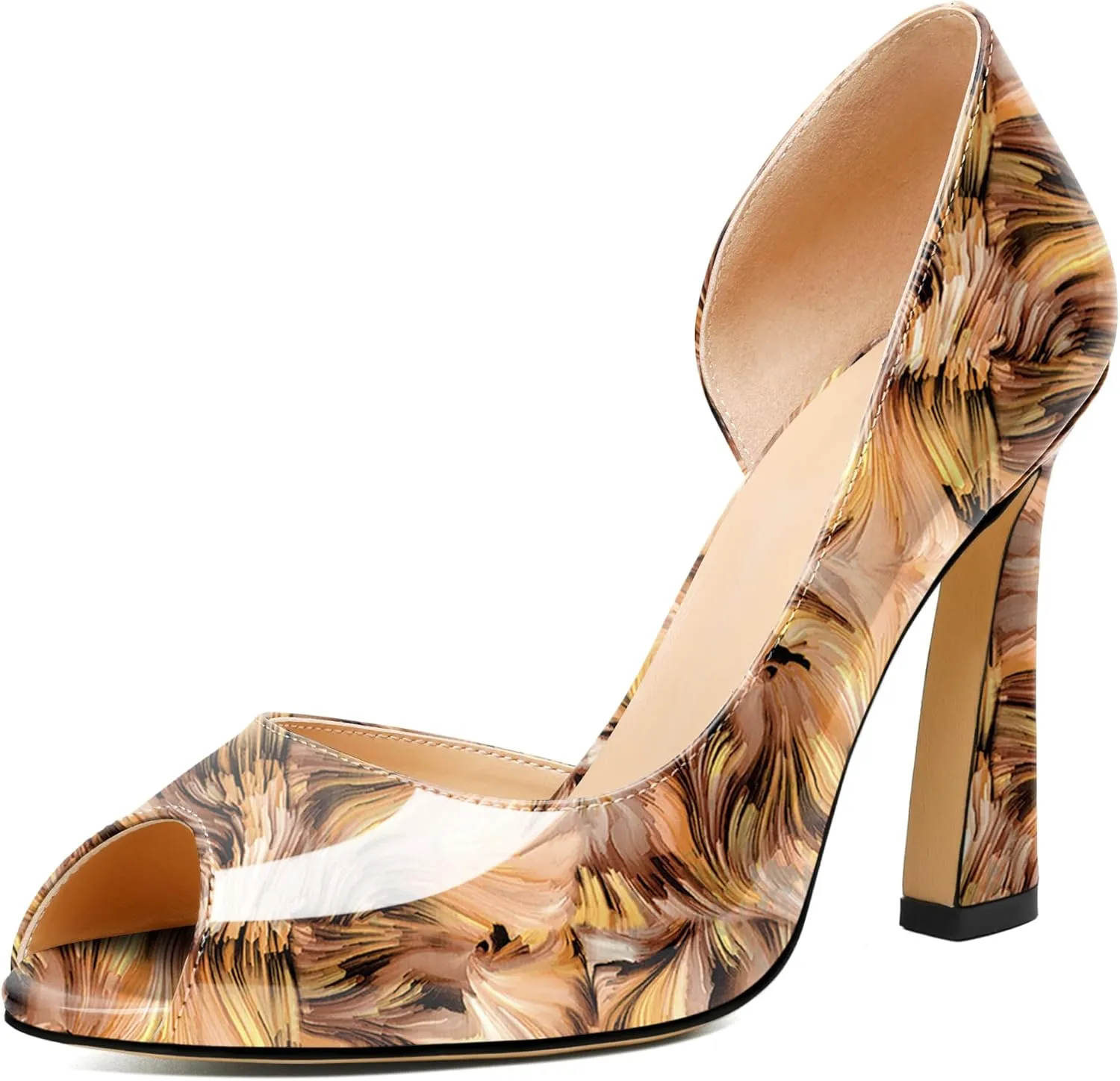 Joseywade Peep Toe High Heels for Women Stiletto Heel Pumps Slip-On Open Toe 4 Inch Flare Heel Dress Shoes