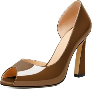 Joseywade Peep Toe High Heels for Women Stiletto Heel Pumps Slip-On Open Toe 4 Inch Flare Heel Dress Shoes