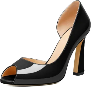 Joseywade Peep Toe High Heels for Women Stiletto Heel Pumps Slip-On Open Toe 4 Inch Flare Heel Dress Shoes