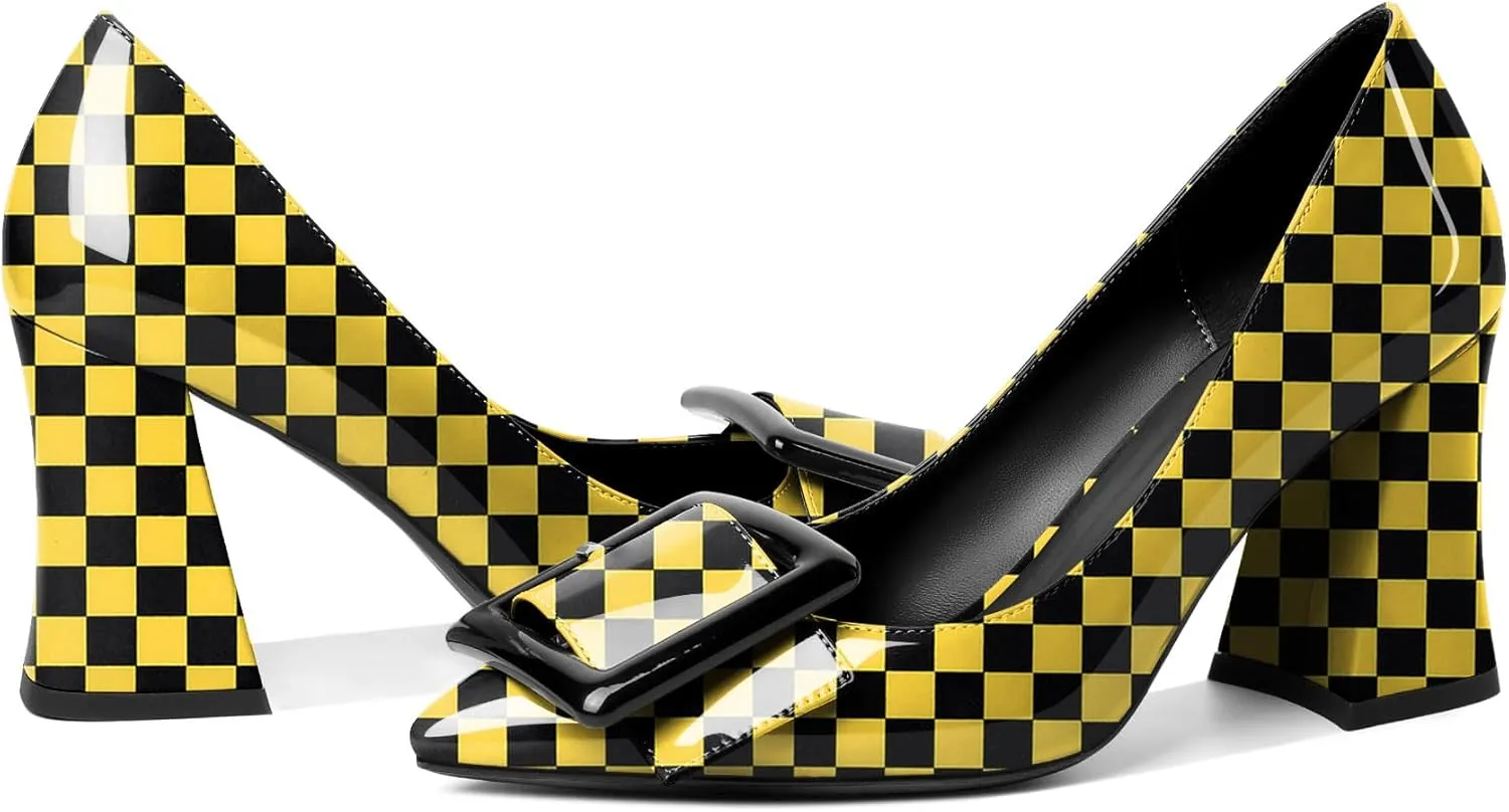 Joseywade Womens Chunky Heels High Block Heel Round Closed Toe Pumps Slip-on 3.5" Dress Shoes