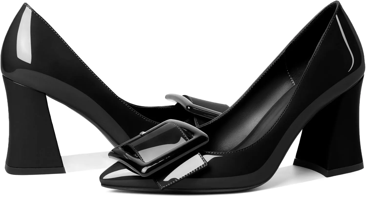 Joseywade Womens Chunky Heels High Block Heel Round Closed Toe Pumps Slip-on 3.5" Dress Shoes