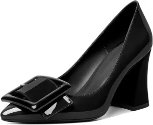 Joseywade Womens Chunky Heels High Block Heel Round Closed Toe Pumps Slip-on 3.5" Dress Shoes