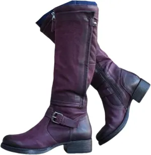 Knee High Boots Women Wide Calf Flat Heel Buckle Riding Boots Side Zipper Mid Calf Fashion Motorcycle Biker Boots