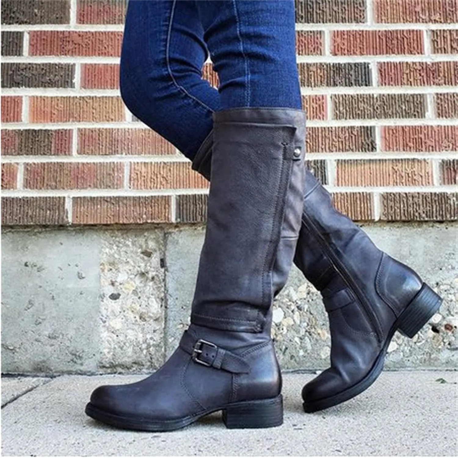 Knee High Boots Women Wide Calf Flat Heel Buckle Riding Boots Side Zipper Mid Calf Fashion Motorcycle Biker Boots