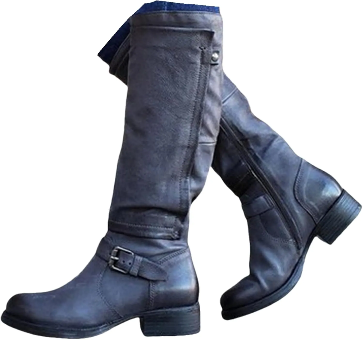 Knee High Boots Women Wide Calf Flat Heel Buckle Riding Boots Side Zipper Mid Calf Fashion Motorcycle Biker Boots