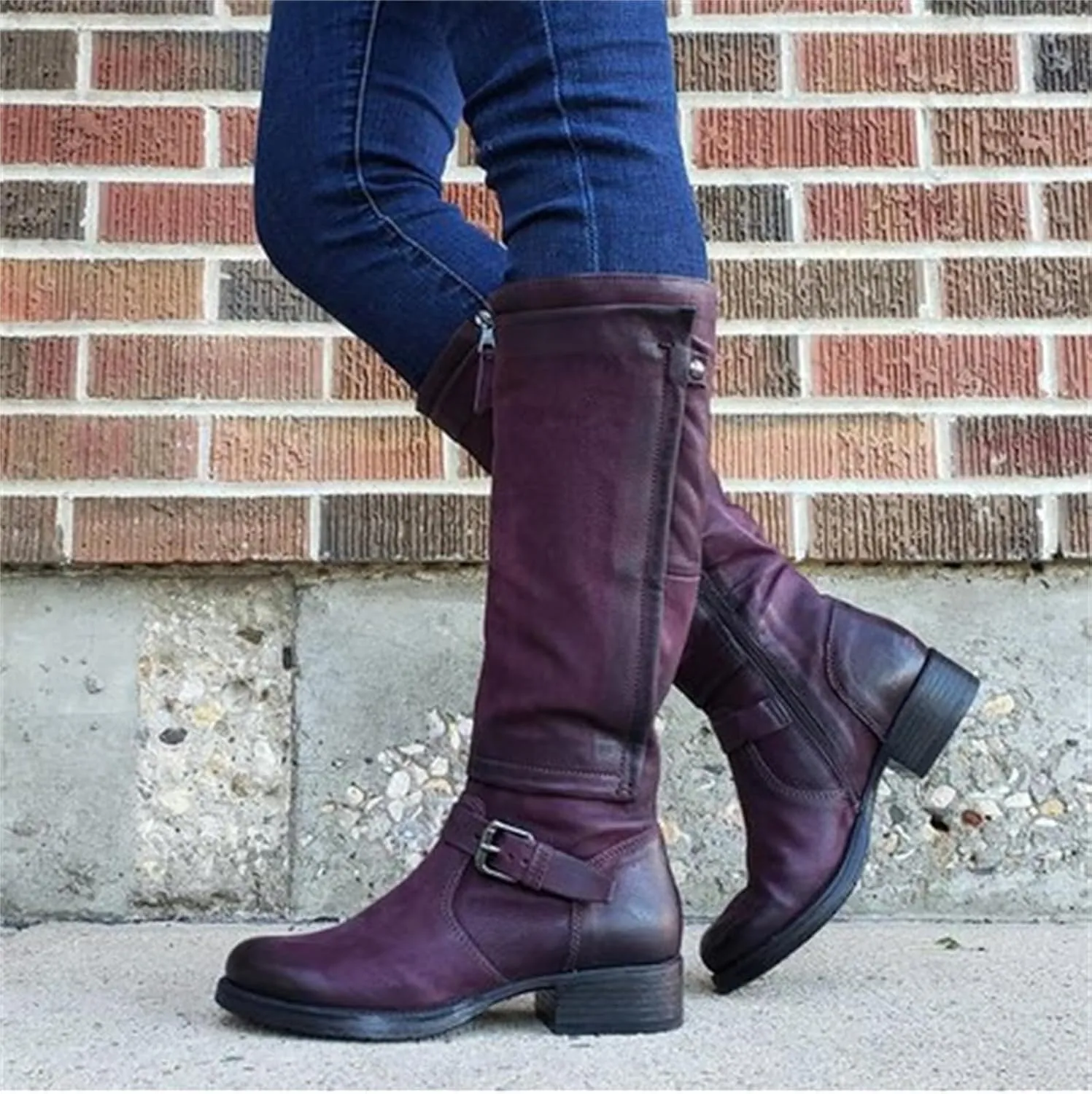 Knee High Boots Women Wide Calf Flat Heel Buckle Riding Boots Side Zipper Mid Calf Fashion Motorcycle Biker Boots