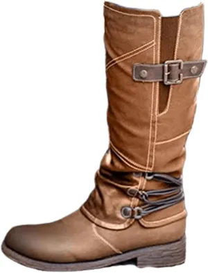 Knee High Boots Women Wide Calf Flat Heel Square Toe Motorcycle Boots Fashion Buckles Biker Riding Mid Calf Boots