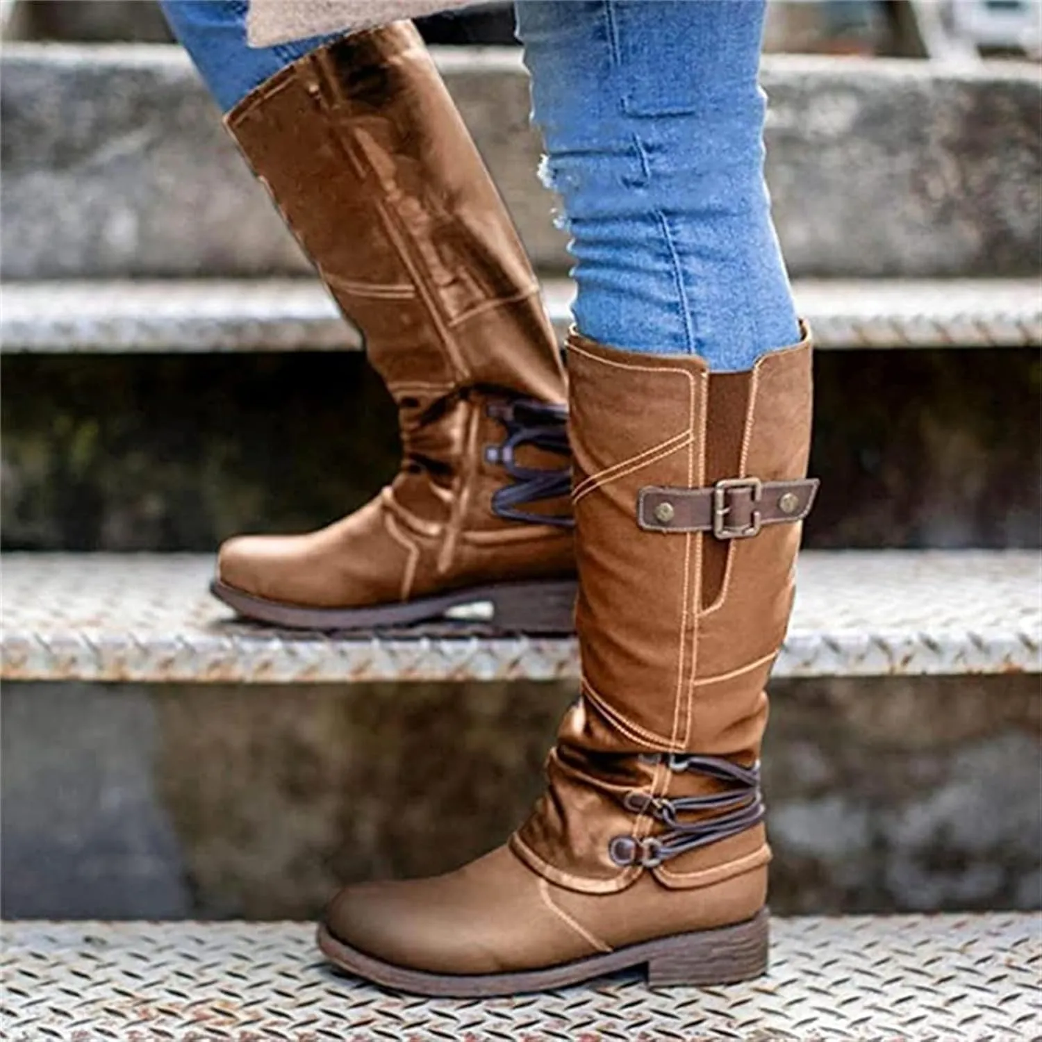 Knee High Boots Women Wide Calf Flat Heel Square Toe Motorcycle Boots Fashion Buckles Biker Riding Mid Calf Boots