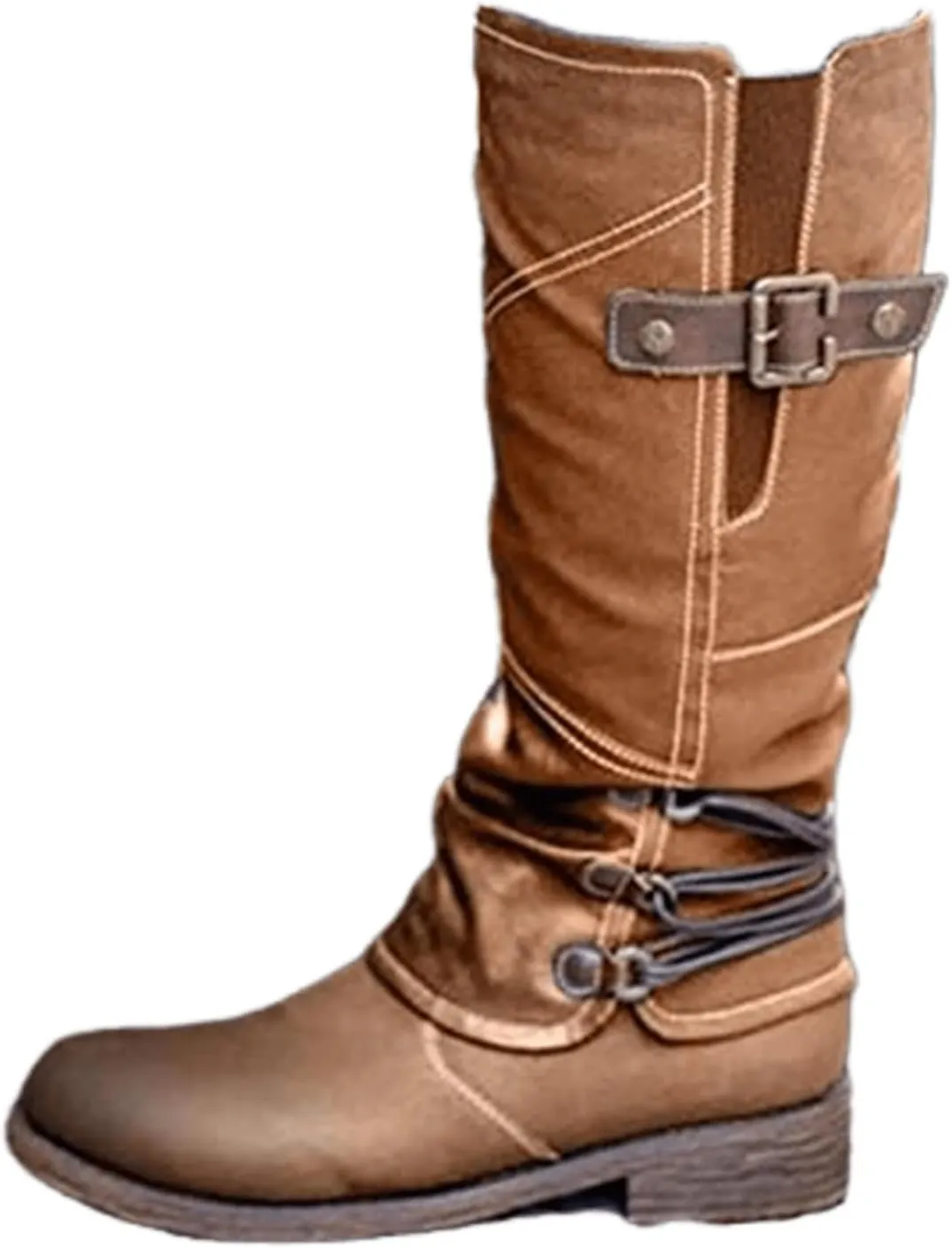 Knee High Boots Women Wide Calf Flat Heel Square Toe Motorcycle Boots Fashion Buckles Biker Riding Mid Calf Boots