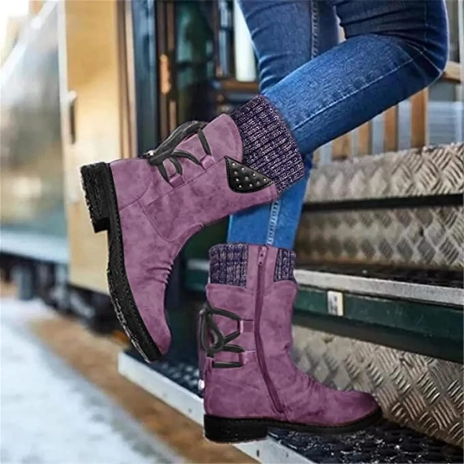 Ladmiple Boots For Women 2024 Low Heel Combat Boots Side Zipper Mid Calf Motorcycle Riding Military Biker Boots Ankle Booties
