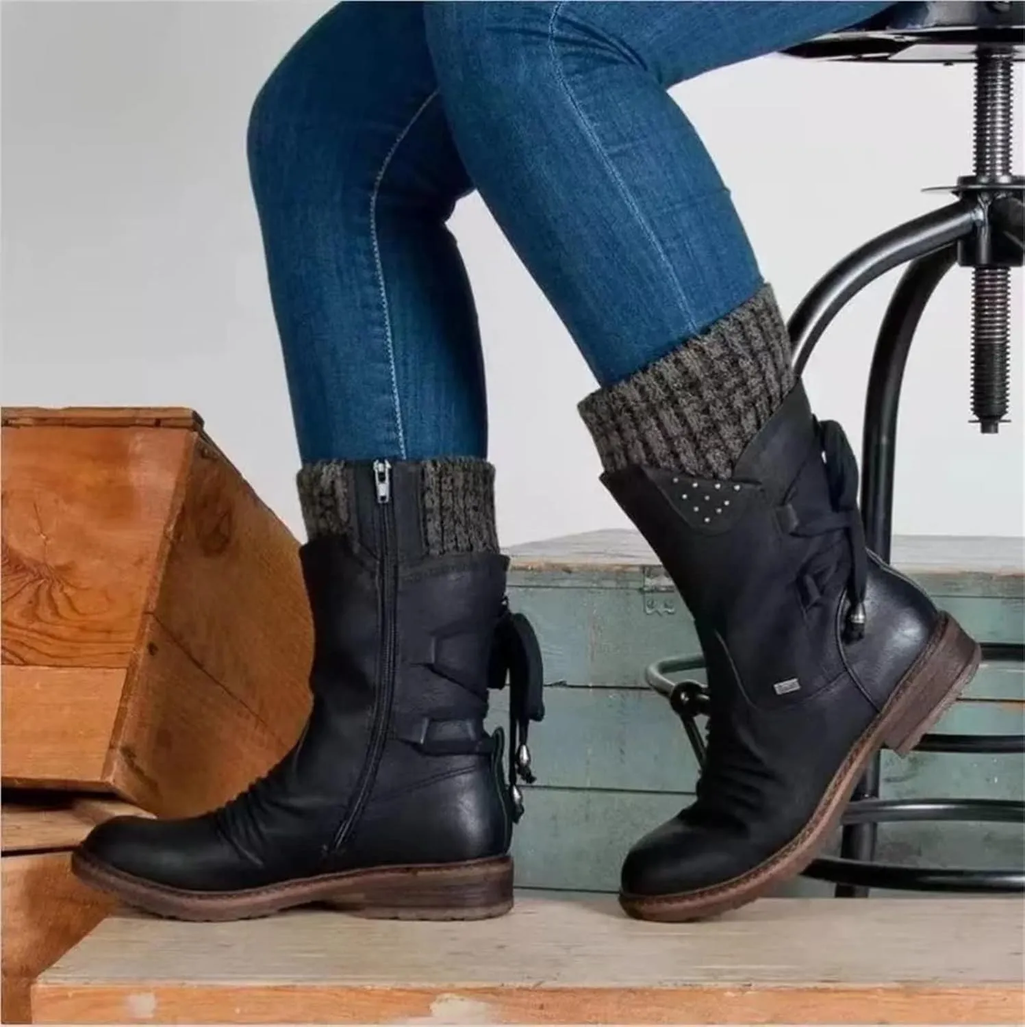 Ladmiple Boots For Women 2024 Low Heel Combat Boots Side Zipper Mid Calf Motorcycle Riding Military Biker Boots Ankle Booties
