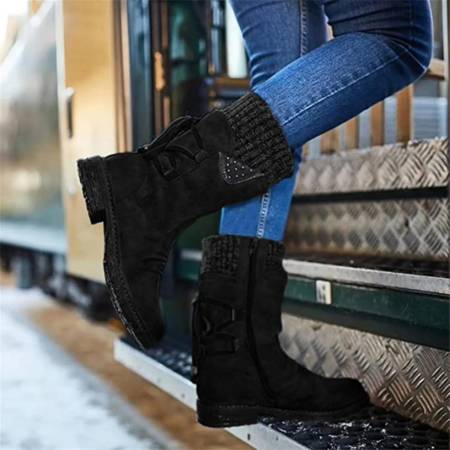 Ladmiple Boots For Women 2024 Low Heel Combat Boots Side Zipper Mid Calf Motorcycle Riding Military Biker Boots Ankle Booties