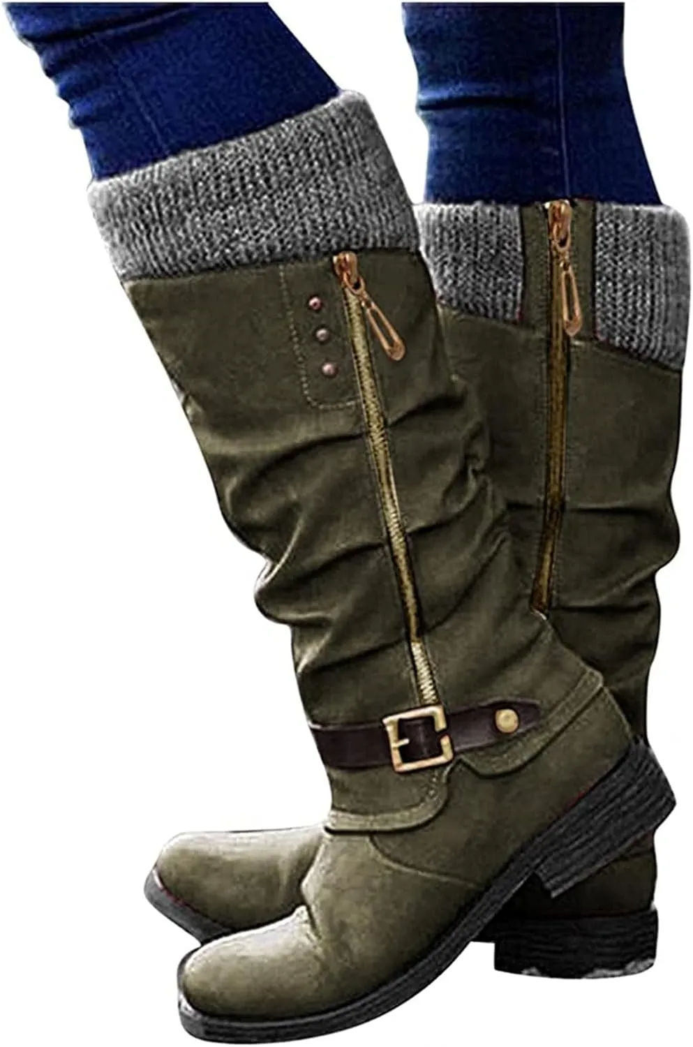Ladmiple Boots For Women 2024 Low Heel Mid Calf Round-Toe Side Zip Punk Combat Boots Motorcycle Riding Biker Ankle Booties