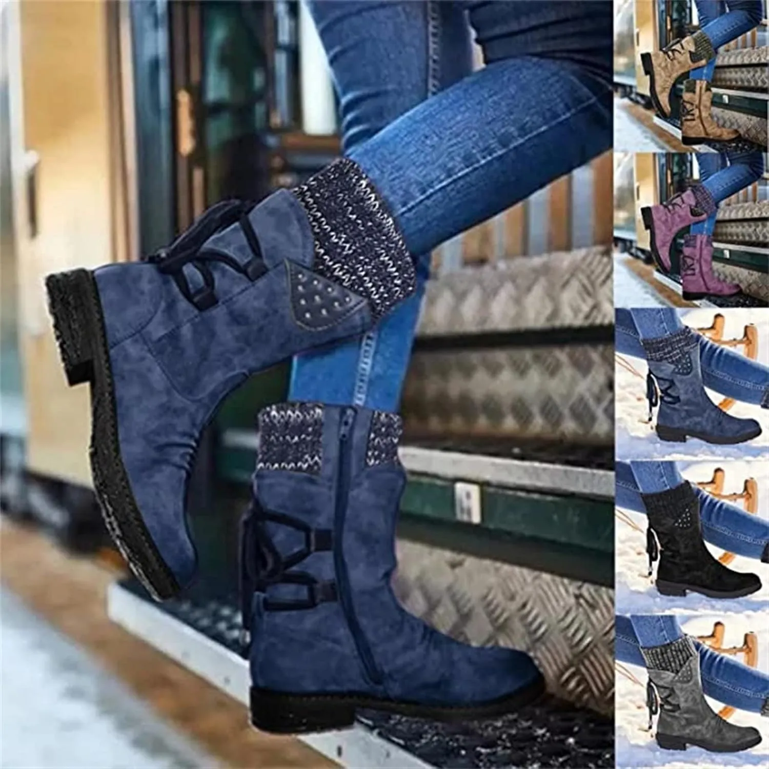 Ladmiple Boots For Women Ankle Booties Low Heel Mid Calf Combat Riding Fashion Winter Motorcycle Military Biker Boots