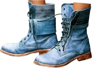 Ladmiple Boots For Women Ankle Booties Western Winter Mid Calf Military Combat Boots Low Heel Motorcycle Riding Biker Boots
