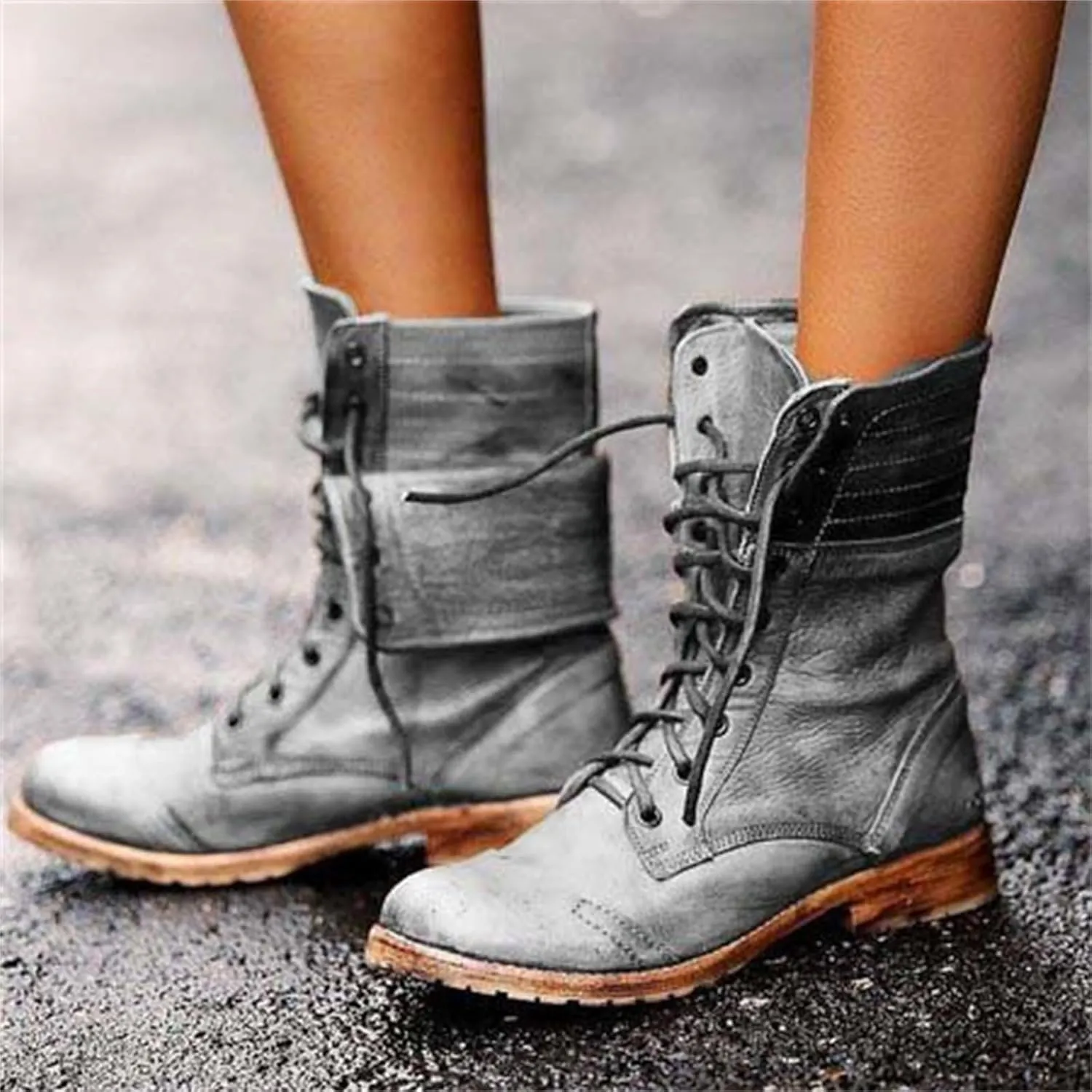 Ladmiple Boots For Women Ankle Booties Western Winter Mid Calf Military Combat Boots Low Heel Motorcycle Riding Biker Boots