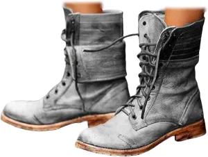 Ladmiple Boots For Women Ankle Booties Western Winter Mid Calf Military Combat Boots Low Heel Motorcycle Riding Biker Boots