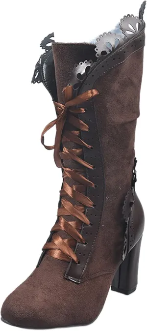Ladmiple Boots For Women Fashion Dressy Chunky Low Heel Lace Up Knee High Boots Classic Western Combat Dress Shoes 2024