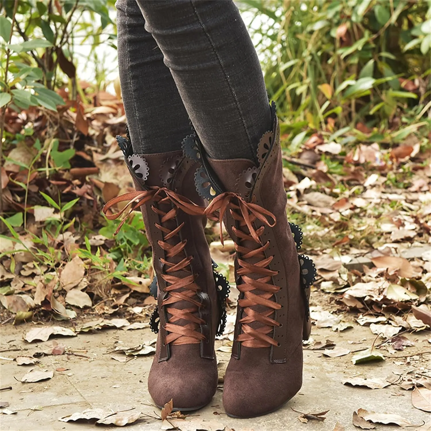 Ladmiple Boots For Women Fashion Dressy Chunky Low Heel Lace Up Knee High Boots Classic Western Combat Dress Shoes 2024