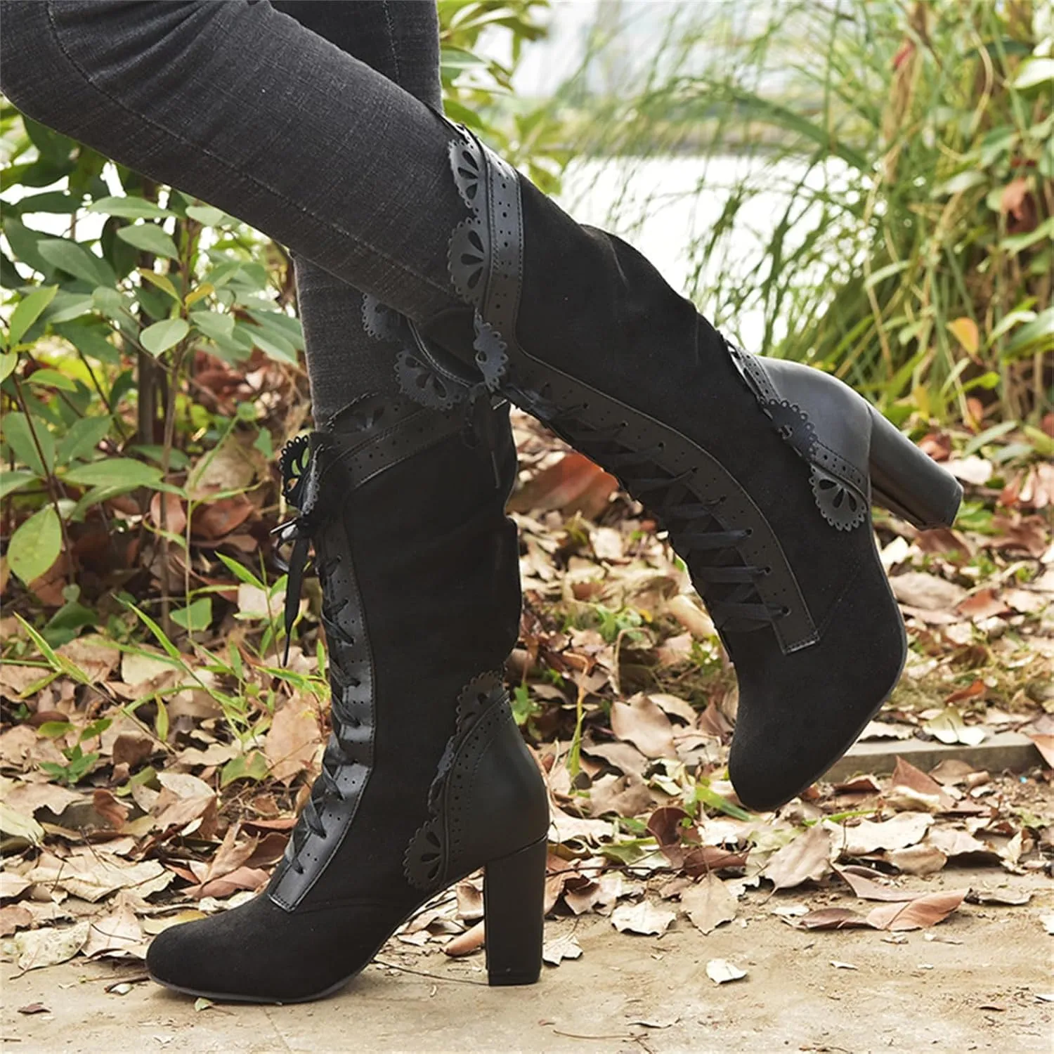 Ladmiple Boots For Women Fashion Dressy Chunky Low Heel Lace Up Knee High Boots Classic Western Combat Dress Shoes 2024