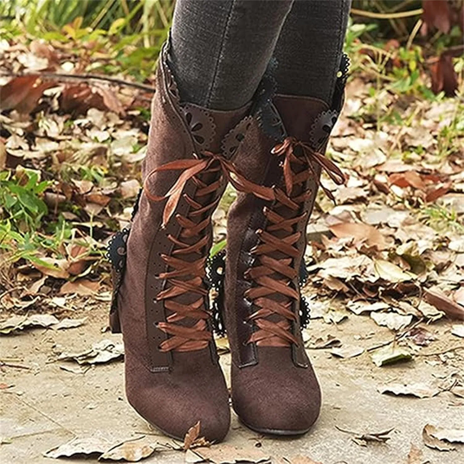 Ladmiple Boots For Women Fashion Dressy Chunky Low Heel Lace Up Knee High Boots Classic Western Combat Dress Shoes 2024