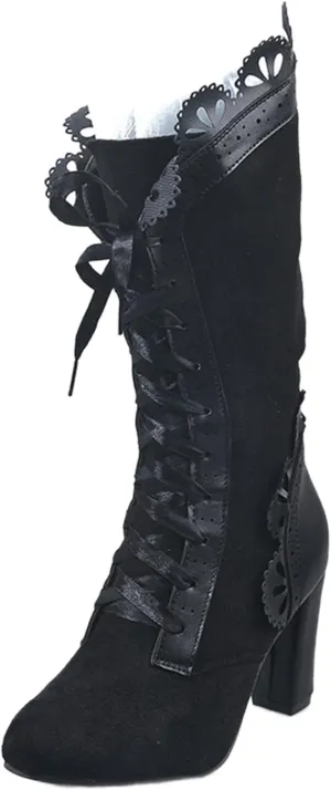 Ladmiple Boots For Women Fashion Dressy Cowboy Boots Wide Calf Knee High Mid Heel Lace Up Retro Fashion Tall Western Boots