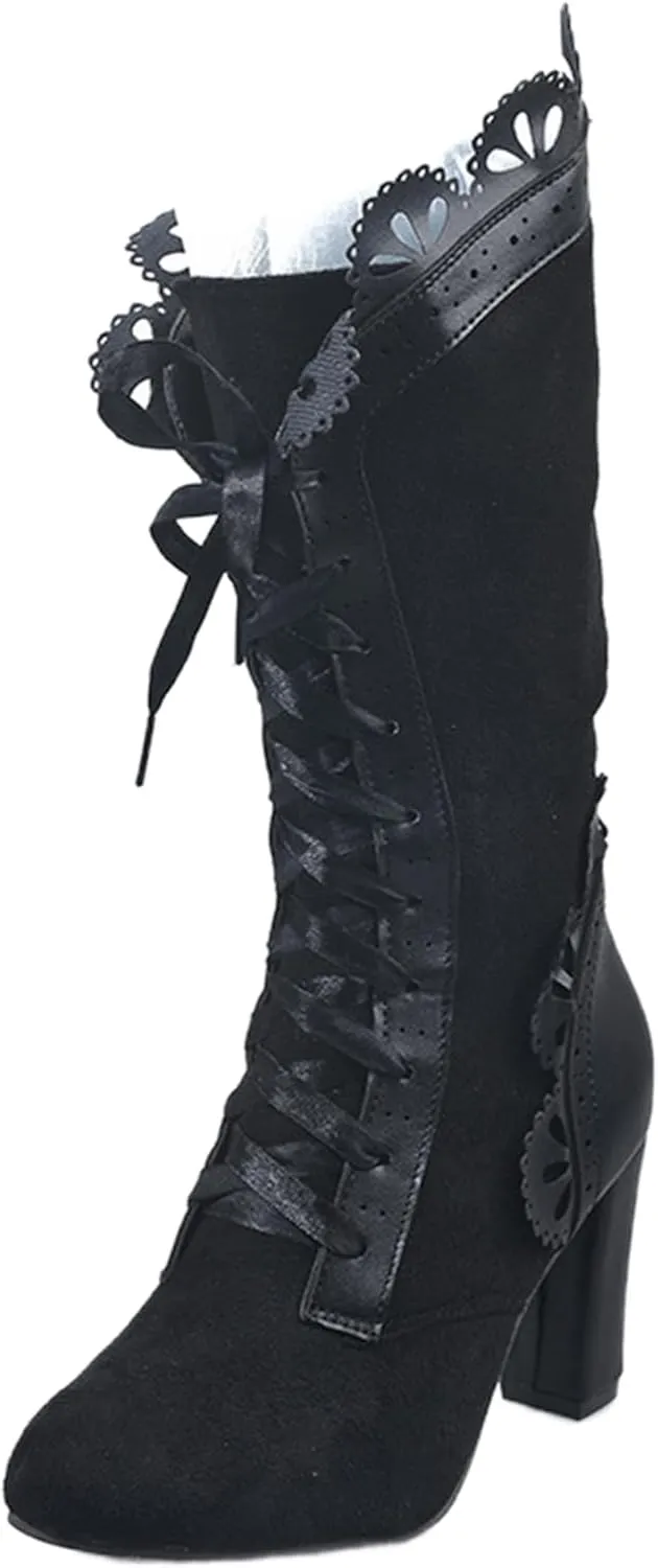 Ladmiple Boots For Women Fashion Dressy Cowboy Boots Wide Calf Knee High Mid Heel Lace Up Retro Fashion Tall Western Boots