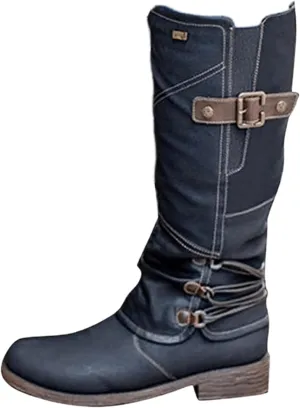 Ladmiple Boots For Women Knee High Wide Calf Leather Winter Side Zipper Combat Boots Western Motorcycle Riding Biker Boots