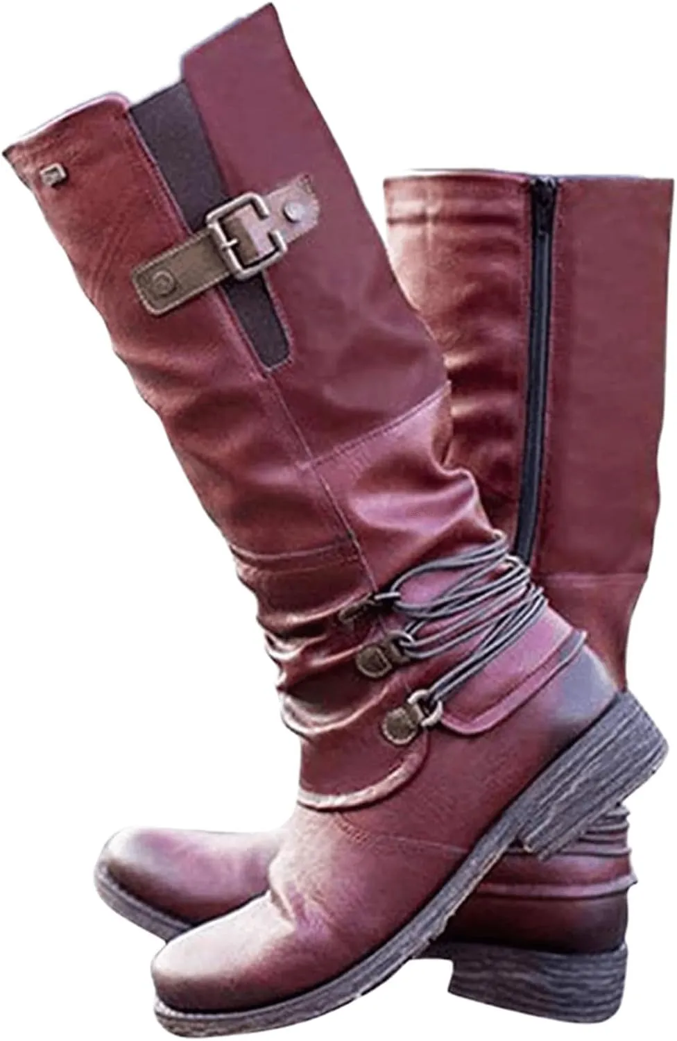 Ladmiple Boots For Women Knee High Wide Calf Leather Winter Side Zipper Combat Boots Western Motorcycle Riding Biker Boots