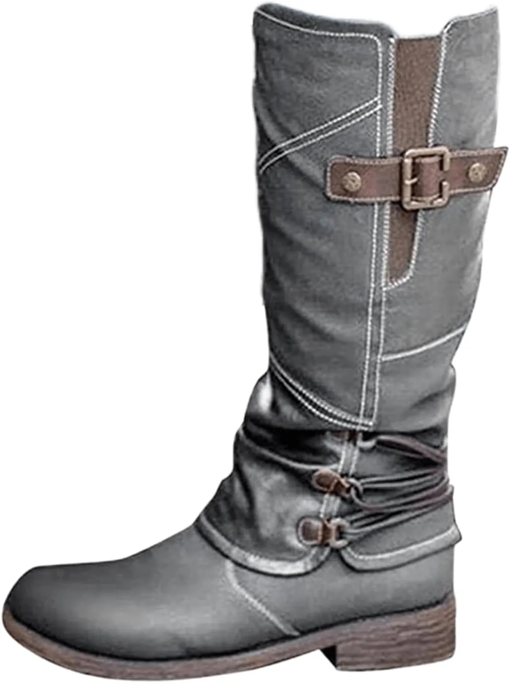 Ladmiple Boots For Women Knee High Wide Calf Leather Winter Side Zipper Combat Boots Western Motorcycle Riding Biker Boots