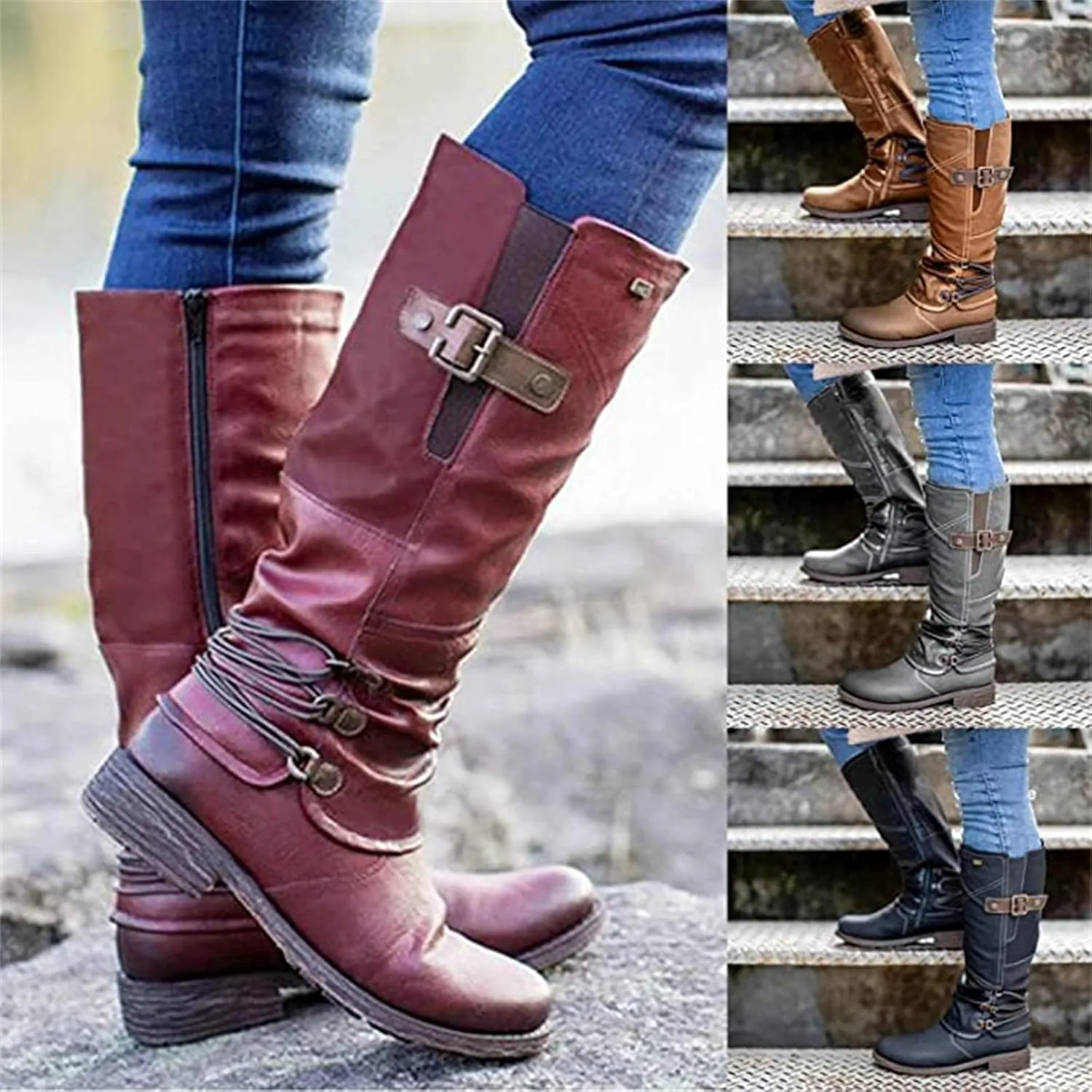 Ladmiple Boots For Women Knee High Wide Calf Leather Winter Side Zipper Combat Boots Western Motorcycle Riding Biker Boots