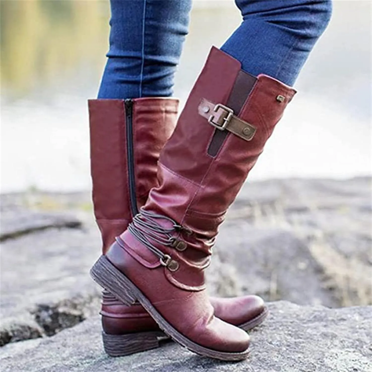 Ladmiple Boots For Women Knee High Wide Calf Leather Winter Side Zipper Combat Boots Western Motorcycle Riding Biker Boots
