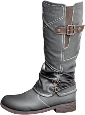 Ladmiple Boots For Women Knee High Wide Calf Leather Winter Side Zipper Combat Boots Western Motorcycle Riding Biker Boots