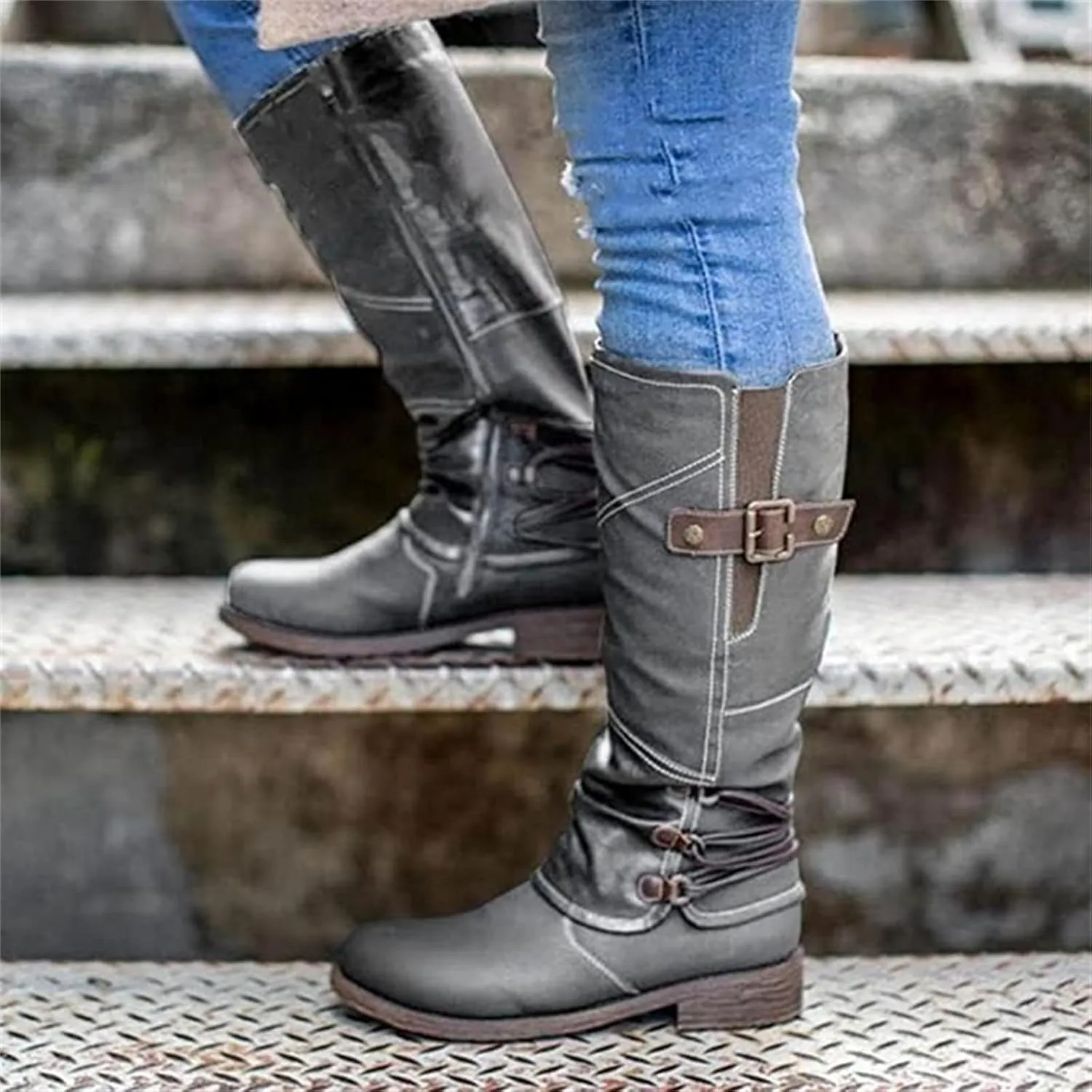 Ladmiple Boots For Women Knee High Wide Calf Leather Winter Side Zipper Combat Boots Western Motorcycle Riding Biker Boots