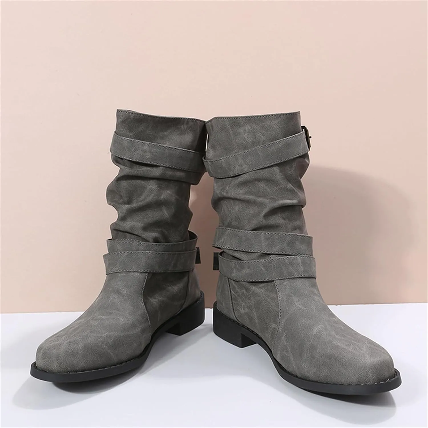 Ladmiple Boots For Women Low Heel Mid Calf Combat Boots Side Zipper Motorcycle Riding Military Biker Winter Ankle Booties