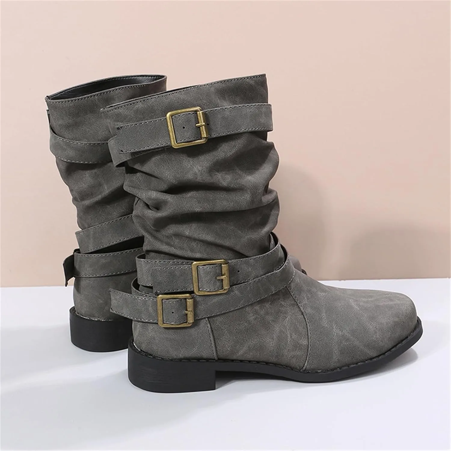 Ladmiple Boots For Women Low Heel Mid Calf Combat Boots Side Zipper Motorcycle Riding Military Biker Winter Ankle Booties
