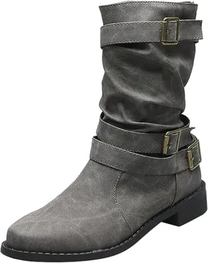 Ladmiple Boots For Women Low Heel Mid Calf Combat Boots Side Zipper Motorcycle Riding Military Biker Winter Ankle Booties
