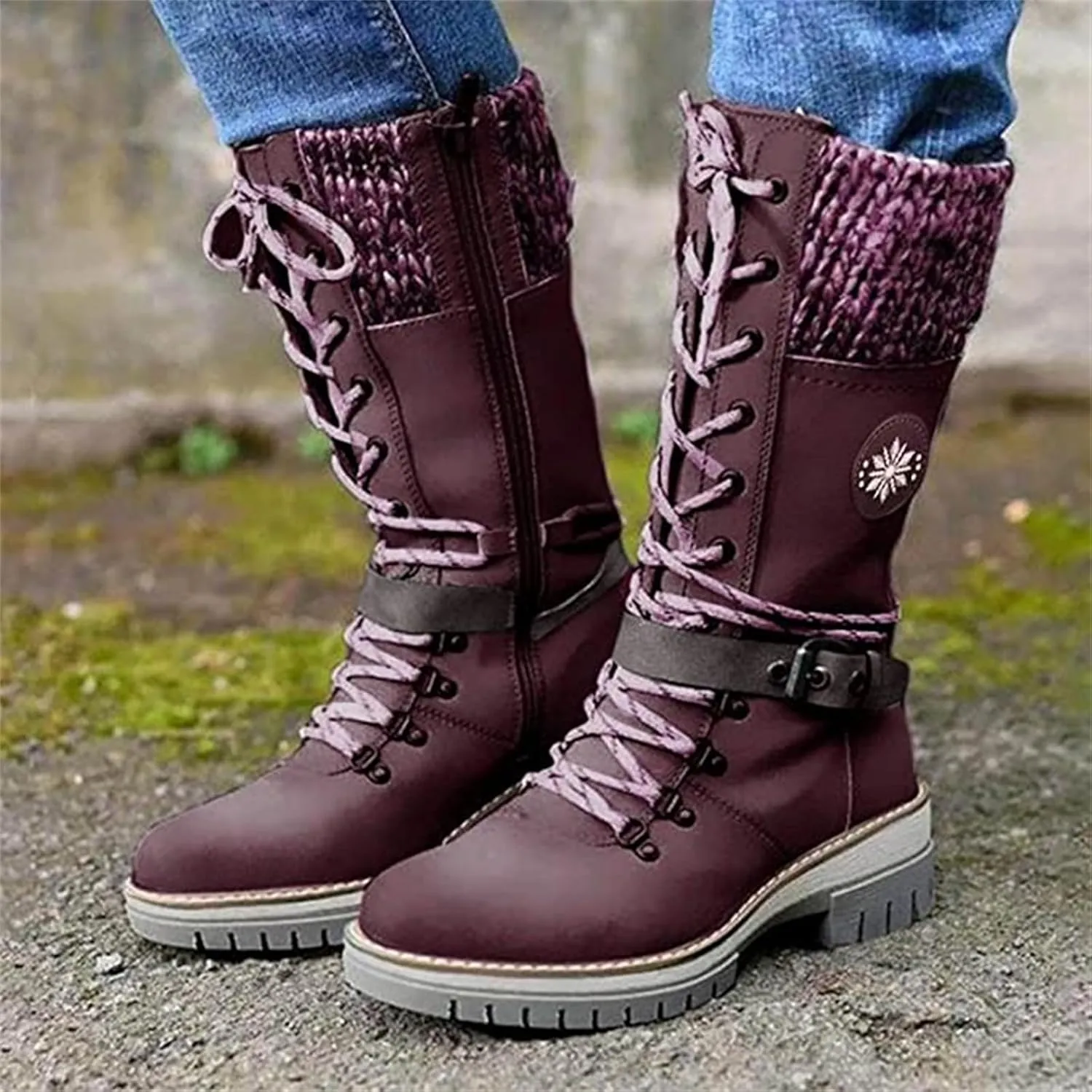 Ladmiple Combat Boots Womens Mid Calf Military Winter Boot Side Zipper Low Heel Motorcycle Riding Biker Western Ankle Booties