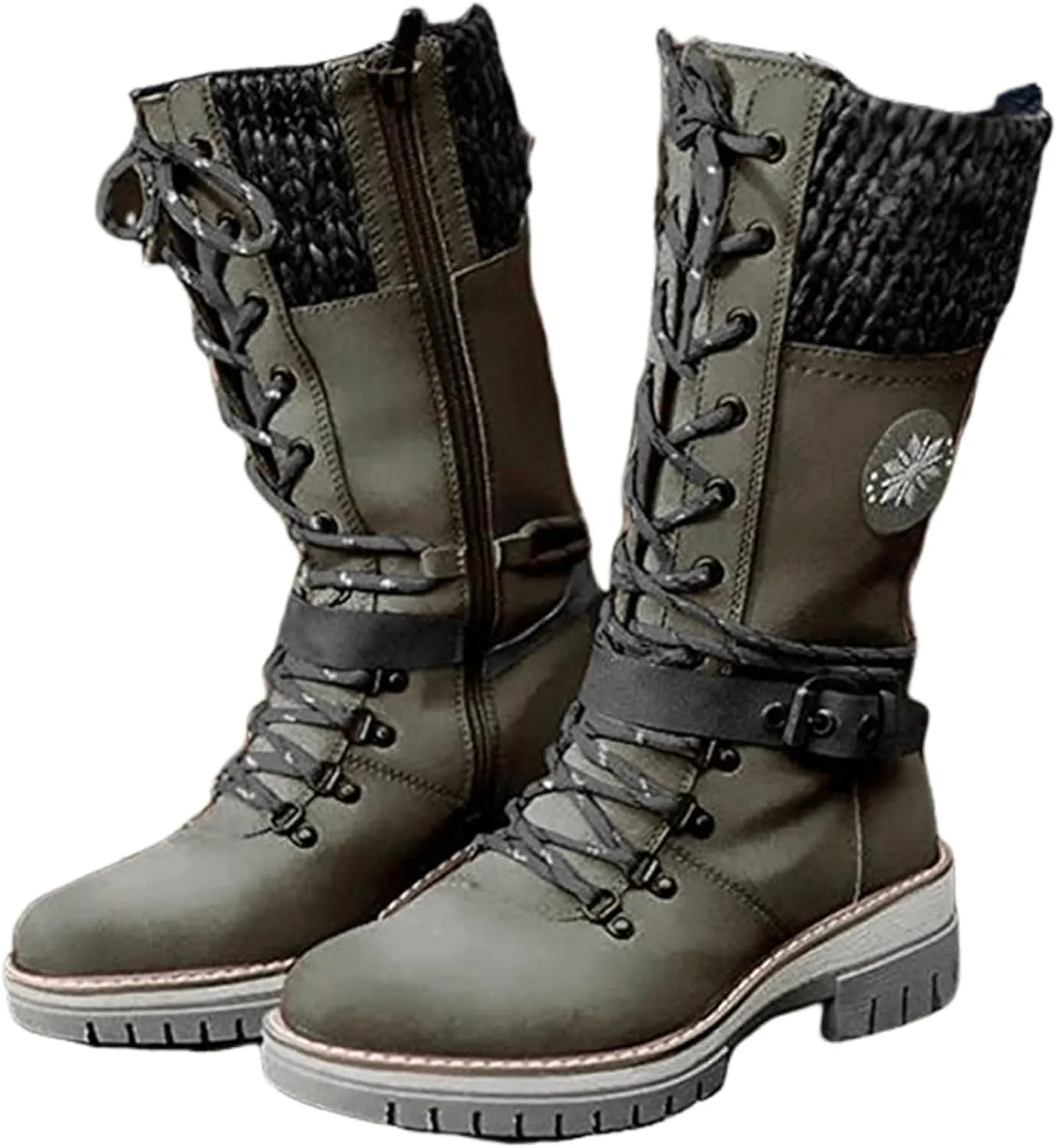 Ladmiple Combat Boots Womens Mid Calf Military Winter Boot Side Zipper Low Heel Motorcycle Riding Biker Western Ankle Booties