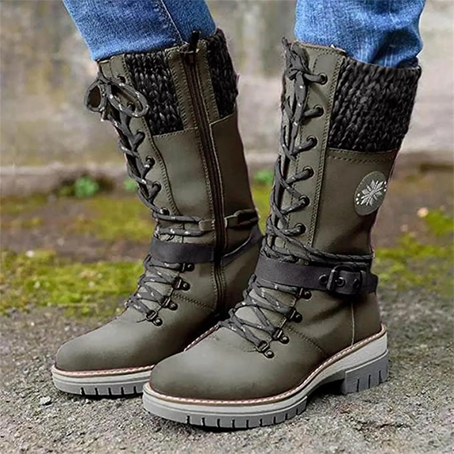 Ladmiple Combat Boots Womens Mid Calf Military Winter Boot Side Zipper Low Heel Motorcycle Riding Biker Western Ankle Booties