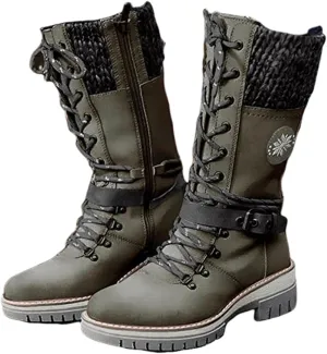 Ladmiple Combat Boots Womens Mid Calf Military Winter Boot Side Zipper Low Heel Motorcycle Riding Biker Western Ankle Booties