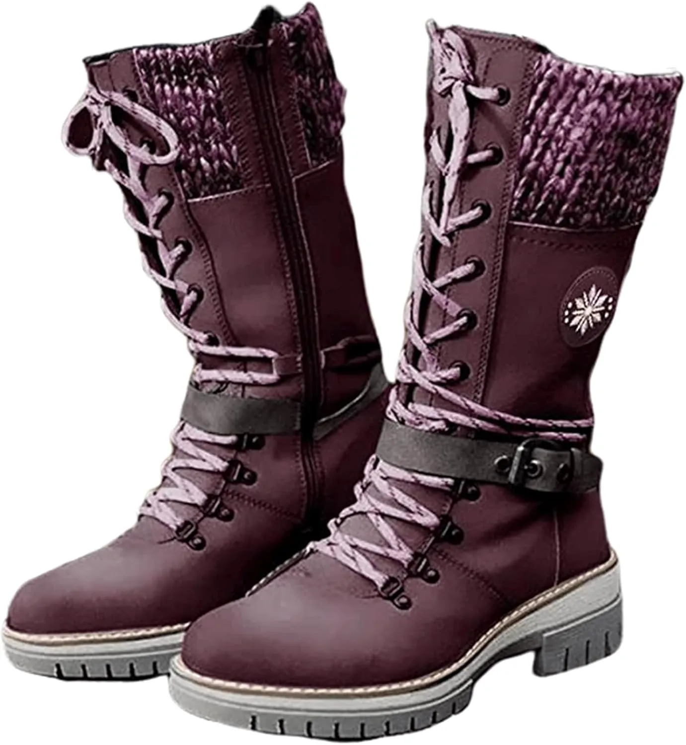 Ladmiple Combat Boots Womens Mid Calf Military Winter Boot Side Zipper Low Heel Motorcycle Riding Biker Western Ankle Booties