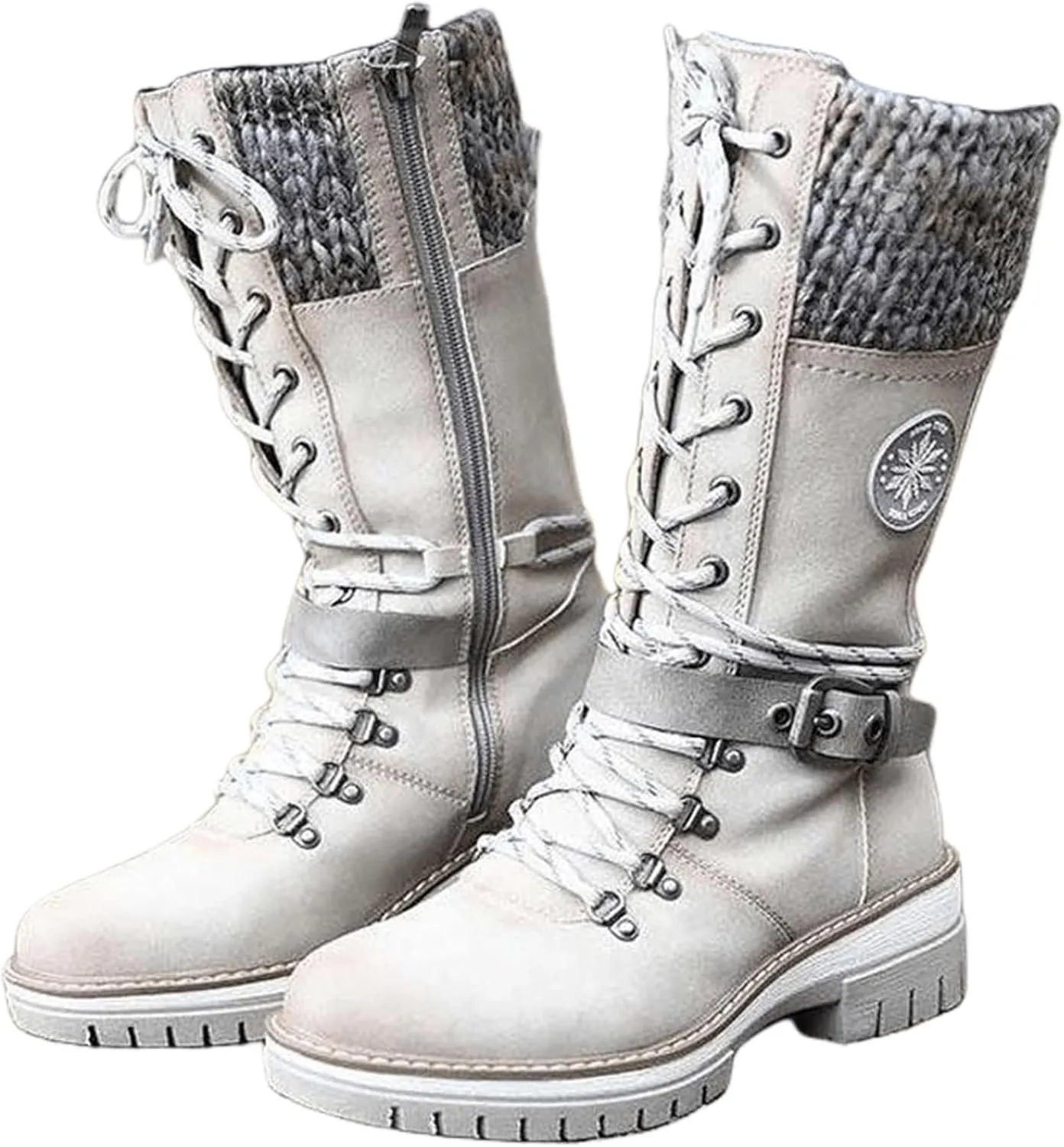 Ladmiple Combat Boots Womens Mid Calf Side Zipper Military Shoes Low Heel Motorcycle Riding Biker Western Dress Ankle Booties