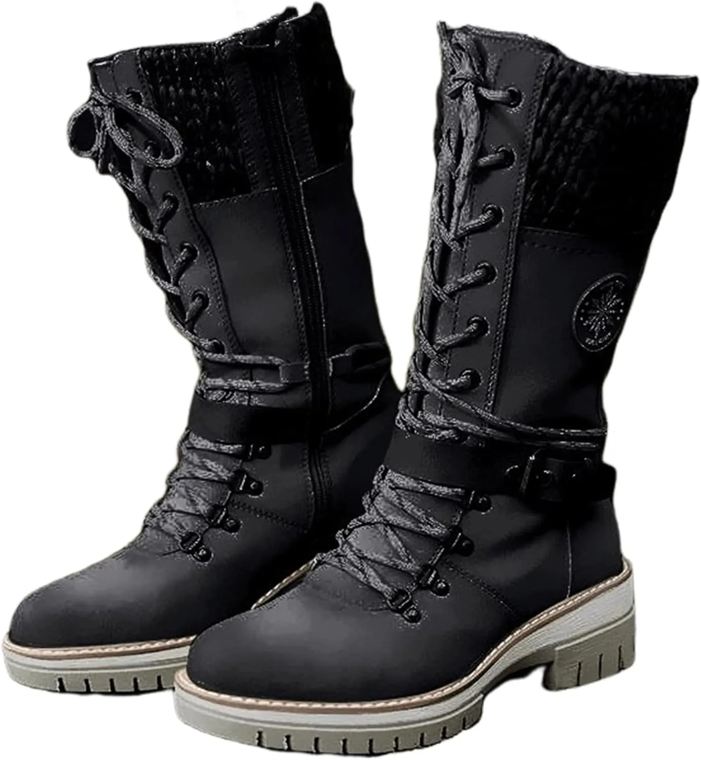 Ladmiple Combat Boots Womens Mid Calf Side Zipper Military Shoes Low Heel Motorcycle Riding Biker Western Dress Ankle Booties
