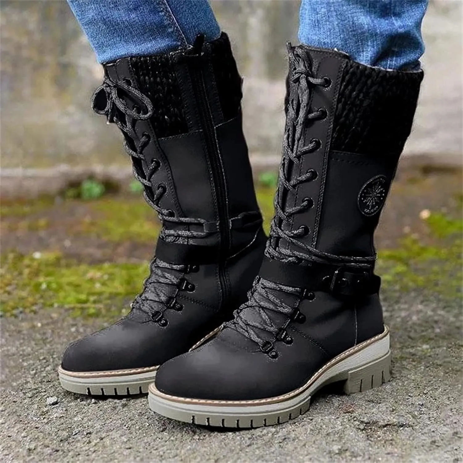 Ladmiple Combat Boots Womens Mid Calf Side Zipper Military Shoes Low Heel Motorcycle Riding Biker Western Dress Ankle Booties