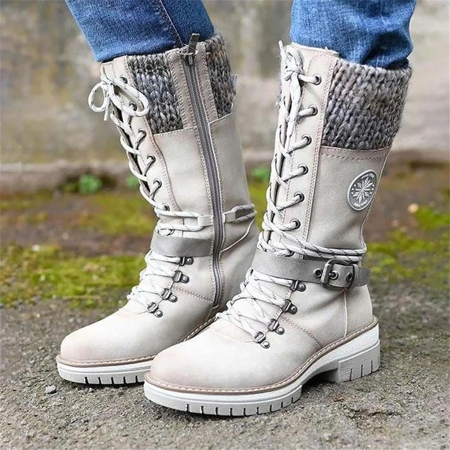Ladmiple Combat Boots Womens Mid Calf Side Zipper Military Shoes Low Heel Motorcycle Riding Biker Western Dress Ankle Booties