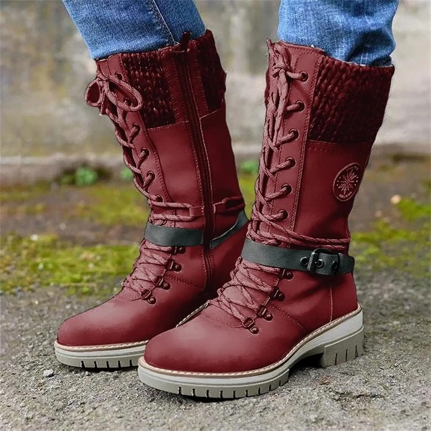 Ladmiple Fall Boots For Women 2024 Wide Calf Mid Calf Ankle Booties Side Zipper Low Heel Motorcycle Combat Riding Biker Boots