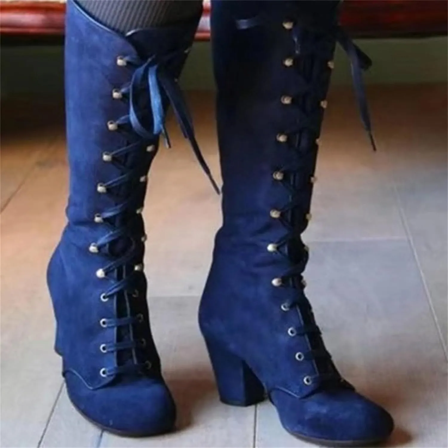 Ladmiple Fall Boots Women Knee High Wide Calf Victorian Boots Round Toe Chunky Heel Lace Up Vintage Knight Western Boots